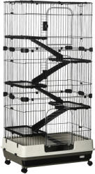 PawHut Cușcă pentru iepuri tarc cu 5 niveluri cu 3 uși 5 rampe tavă detașabilă roți 81 x 52, 5 x 159 cm negru și gri | Aosom Romania (D51-095V01BK)