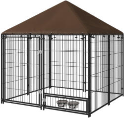 PawHut Gard pentru Câini din Metal cu Ușă pentru Boluri, Gard pentru Câini de Exterior cu Acoperiș, 141x141x151 cm, Negru și Maro (D02-057V01CF)