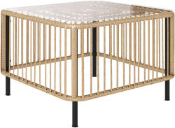 Outsunny Masă de grădină din Polyrattan, 65 x 65 x 43 cm, masă laterală rezistentă la intemperii, pătrată, cu blat din sticlă, lemn natural | Aosom Romania (867-250V00ND)