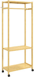 HOMCOM Cuier de Podea cu Bară și 4 Roți, Economisire Spațiu, Cuier din Bambus cu Rafturi Inferioare, pentru Dormitor, Hol, 70x35x175 cm, Lemn Natural | Aosom Romania (850-376V00ND)