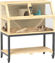 PawHut Cușcă pentru Zwerghamster din lemn cu raft, roți, rampe, sticlă de apă, cuib, vârtejuri, 87 x 43 x 101 cm | Aosom Romania (D51-443V00ND)