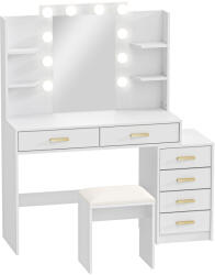 HOMCOM Masă de machiaj cu oglindă iluminată și taburet tapițat, set de machiaj cu 6 sertare și rafturi, Alb | Aosom Romania (83D-133V90WT)