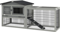 PawHut Cuib Exterior din Lemn de Brad cu Rampă, Acoperiș Rabatabil Impermeabil, Sertar Detașabil, Cuib pentru Iepuri, Animale Mici, Gri Deschis | Aosom Romania (D51-122V01GY)