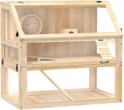 PawHut Cușcă pentru hamster/rozătoare cu 3 niveluri, fund detașabil 31 cm adâncime, căsuță, leagăn, 80x50x76cm, finisaj lemn natural | Aosom Romania (D51-469V91ND)