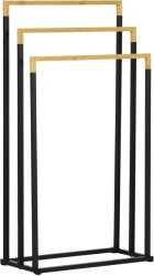 Kleankin Suport pentru Prosoape cu 3 Bare din Bambus și Oțel, Design Autoportant, 45x22.5x86 cm, Negru și Lemn Natur | Aosom Romania (850-270V00BK)