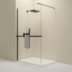 Erga Paris, Walk-In zuhanyparaván 80x200 cm polccal és törülközőtartóval, 8 mm átlátszó üveg, fekete profil, ERG-V02-PARIS-080x200-CL-BK-BAR (ERG-V02-PARIS-080X200-CL-BK-BAR)