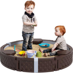 AIYAPLAY Cutie de nisip, Cutie de nisip rotunda pentru pana la 3 copii, cu 3 scaune, strat impermeabil, protectie impotriva intemperiilor, 300 kg de nisip | Aosom Romania (343-075V00DR)