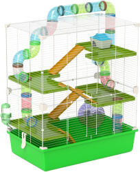 PawHut Cuștă pentru Hamsteri cu 5 Nivele, Tuburi, Căsuță, Rezervor de Apă și Roată, 59x36x69 cm, Verde | Aosom Romania (D51-233V00GN)