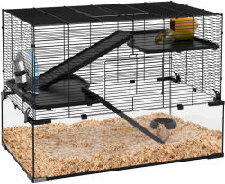 PawHut Cușcă pentru Hamsteri, Gerbili și Animale Mici din Fir de Otel și Sticlă cu Rotiță, 76.5x48.5x54.5 cm, Negru | Aosom Romania (D51-374V01BK)