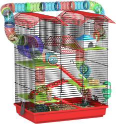 PawHut Cușcă pentru hamster șoareci rozătoare mici cu tunel furajer roată jucărie 47 x 30 x 59 cm roșu | Aosom Romania (D51-162V00RD)