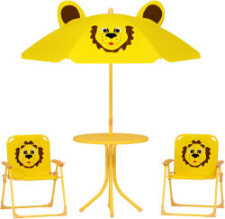 AIYAPLAY Mobilier de grădină pentru copii cu umbrelă de soare reglabilă, Set de picnic pentru copii cu 4 piese, Masă cu 2 scaune pliante, masă, Set de terasă cu model de leu pentru vârstele 2-5 ani, Galben | A