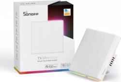 SONOFF Intrerupator inteligent Sonoff T5-3C-86, Wi-Fi, cu full touch, 3 canale, lumina ambientala LED RGB, efect sunet si vibrare la apasare, 15A/3 (t5-3c-86)