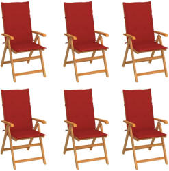 vidaXL 6 db Tömör Tíkfa Kerti Szék Piros Párnákkal