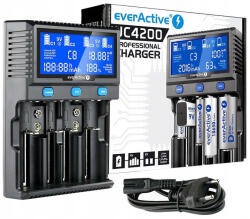 everActive UC4200 1, 2V/3, 6V/3, 7V Li-ion/LiFePO4/Li-HV/Ni-Mh AA ceruza akku AAA mikro akku C baby akku D góliát akku 9V akku USB elemtöltő (everActive-UC4200)