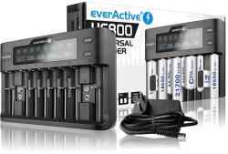 everActive UC800 8 csatornás 1, 2V/3, 6V/3, 7V Li-ion/LiFePO4/Li-HV/Ni-Mh AA ceruza akku AAA mikro akku C baby akku D góliát akku 9V akku hálózati elemtöltő (everActive-UC800)