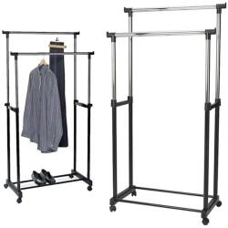VG Dupla fém kerekes ruhaállvány, ruhatartó állvány állítható magassággal 160 cm-ig (01388)
