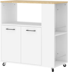 HOMCOM Cărucior de Bucătărie cu Raft Deschis, Dulăpior cu 2 Uși și Raft Lateral pe 2 Niveluri, 75x40x80, 5 cm, Alb | Aosom Romania (801-337V00WT)