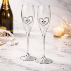  AZAY pezsgőspoharak szív alakú díszítéssel és kristályokkal, 26, 5 cm, elegáns flúte poharak, ajándék prémium dobozban és színes papírral