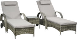 Outsunny Set de 2 șezlonguri mari confortabile : saltea, tetieră, spătar reglabil pe multiple poziții, cotiere, roți + măsuță joasă cu blat din sticlă securizată și rășină împletită gri | Aosom Romania (862-01