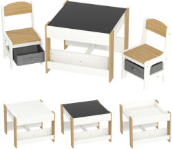 HOMCOM Set 3 piese masă și 2 scaune pentru copii cu blat reversibil, tablă neagră, coș de depozitare, rafturi | Aosom Romania (312-111V80ND)