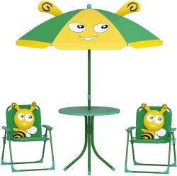 AIYAPLAY Set mobilier de grădină pentru copii AIYAPLAY, Scaune, Masa, Umbrelă, Design de Albinuțe, Verde+Galben | Aosom Romania (3E3-008V00GN)
