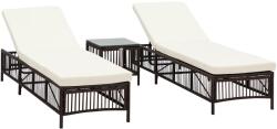 Outsunny Set cu 2 Sezlonguri Plaja si Masuta de Gradina din Ratan PE, Sezlong cu Perne Capitonate si Masuta de Cafea din Sticla, Maro si bej (862-068V00MB)