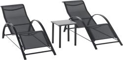 Outsunny Set 2 sezlonguri si masuta cu blat din sticla, sezlong pentru gradina din material respirabil si metal, 59x169x66 cm, negru (84B-570BK)