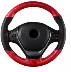 AVEX Husa volan din Piele Neagra Perforata + Carbon Red si ata rosie pentru cusut, marime M, diametru 37 - 39 cm (T140623-1)