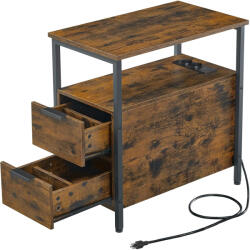 VASAGLE Noptiera 60x35x61 cm, cu 2 sertare, rafturi si priza incorporata, PAL si otel, maro rustic (EZ-LET325B01)