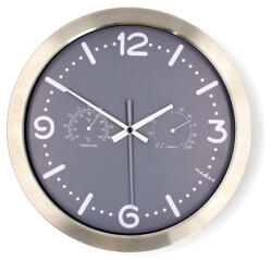 Nedis CLWA5226SS falióra, 30 cm átmérő, rozsdamentes acél, csendes szerkezet: óra, hőmérő, páratartamom mérő