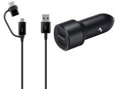 Samsung autós töltő 2 USB aljzat (15W, gyorstöltő, LED + Type-C/microUSB kábel) FEKETE (149810)