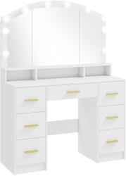 HOMCOM Masă de machiaj cu 10 becuri LED Hollywood, oglindă, 7 sertare, 3 compartimente, MDF, Alb | Aosom Romania (83D-132V90WT)