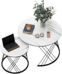 HomCom Mese de cafea în set de 2 bucăți, aspect marmură, plăci de particule, metal, mese de cafea rotunde pentru living, plasabile unul în altul, Alb | Aosom Romania (83B-387V00WT) Masa de cafea