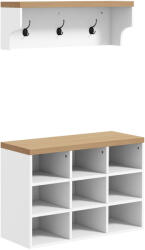 HOMCOM Set mobilier pentru hol 2-în-1 cuier de perete băncuță pentru încălțăminte 3 cârlige și 9 nișe 75x30x50cm alb și stejar | Aosom Romania (837-429V80WT)