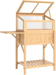 Outsunny Pat înălțat cu capotă pentru mini-seră din lemn jardinieră cu seră pliabilă masă laterală raft lemn natural | Aosom Romania (84H-472V00ND)