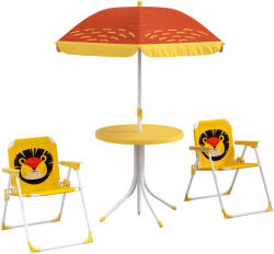 Outsunny Set mobilier de grădină pentru copii 4 piese motiv de leu cu umbrelă reglabilă Ø 100 cm scaun pliabil galben | Aosom Romania (3E3-004V00YL)