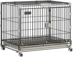 PawHut Cușcă pliabilă pentru câini, Tavă detașabilă, Roți cu frâne, Acoperiș rabatabil, Ușă pentru hrănire, 60, 5x45, 5x54, 5cm, Negru | Aosom Romania (D02-259V00BK)