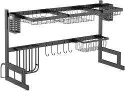 HOMCOM Scurgător de vase 2 nivele suport pentru cuțit suport pentru plachă de tăiat 93 x 30 x 52, 5 cm oțel negru | Aosom Romania (801-287V00BK) Uscator vase