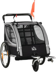 HomCom Remorcă pentru bicicletă pentru copii, cărucior pusher, cu frâne, pliabil, pentru 2 copii, Gri/Negru | Aosom Romania (440-026V00GY)