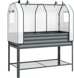 Outsunny Bazin de grădină pe picioare din metal cu seră, jardiniere ridicată cu căptușeală și poliță inferioară, Gri închis | Aosom Romania (84H-563V00CG)