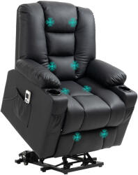 HOMCOM Fotoliu relaxant cu ajutor de ridicare, USB, functie de masaj, piele ecologica, pana la 150 kg, 90x98x102 cm, Negru | Aosom Romania (713-131V90BK)