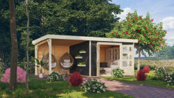 Karibu Kerko 6. Nagyméretű lapostetős kerti ház, modern sarokablakkal, hátfallal rendelkező bővítménnyel/terasszal, terra szürke színű fából 522 cm x 306 cm