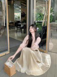 Dazy Bézs Maxi Szoknya Bő Gumis Derékkal Szatén Dazy L