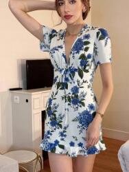 Shein Fehér Ruha Kék Mintákkal Mély Nyakkivágással Rövid Ujjú Shein 40/42