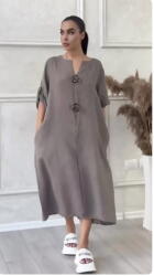 SHOPIKA Rochie oversize din in, cu nasturi pe piept, bej inchis Talie unica