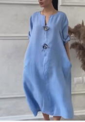 SHOPIKA Rochie oversize din in, cu nasturi pe piept, albastru deschis Talie unica