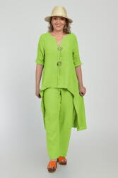 Shopika Compleu din in, cu nasturi decorativi, cu pantaloni si bluza tunica mai lunga in spate, verde deschis Talie unica