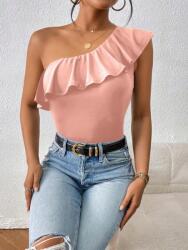 Shein Rózsaszín Felső Illeszkedő Aszimmetrikus Nyakkivágás Dekoratív Fodros Shein M