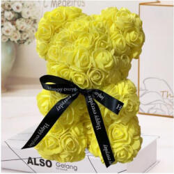Aranjamente florale - Ursulet floral din Trandafiri de spuma 25 cm, cu funda, in cutie cadou galben