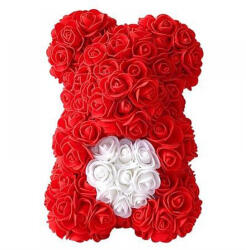 Aranjamente florale - Ursulet floral 25 cm decorat manual cu trandafiri spuma, cu inima in cutie Rosu